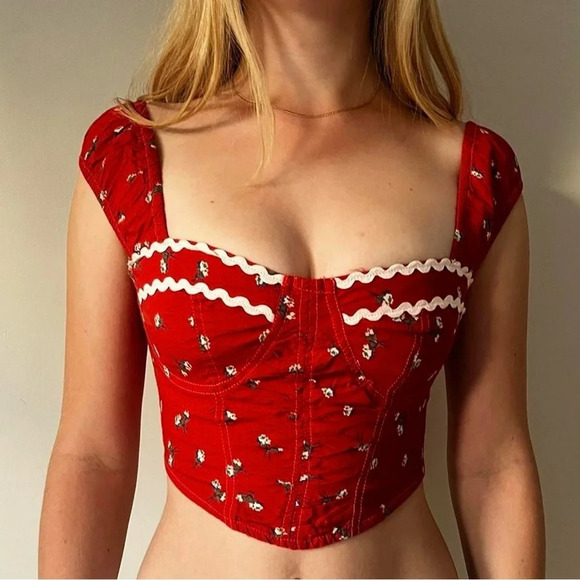 Urban Outfitters Selena Ruched Corset Floral Crop Top in Red Size XS - Picture 6 of 13